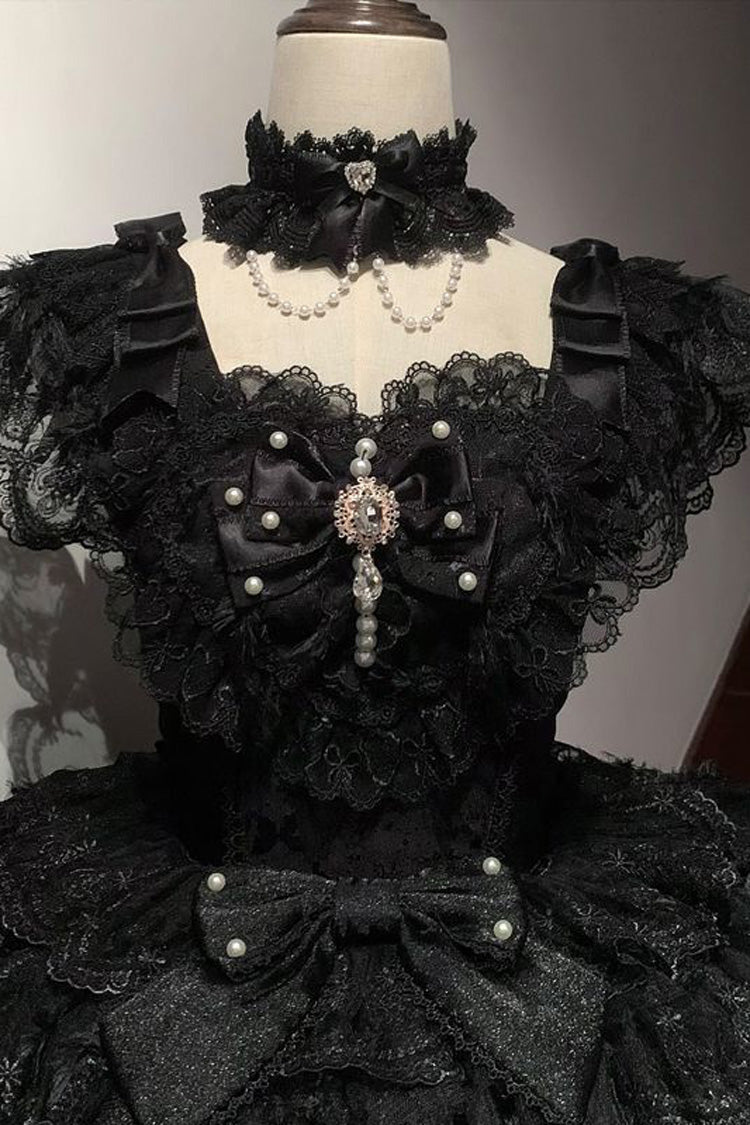 Black [Ballad of Feathers] Sleeveless Multi-Layered Ruffle Hanayome Bowknot Gothic Lolita Jsk Dress