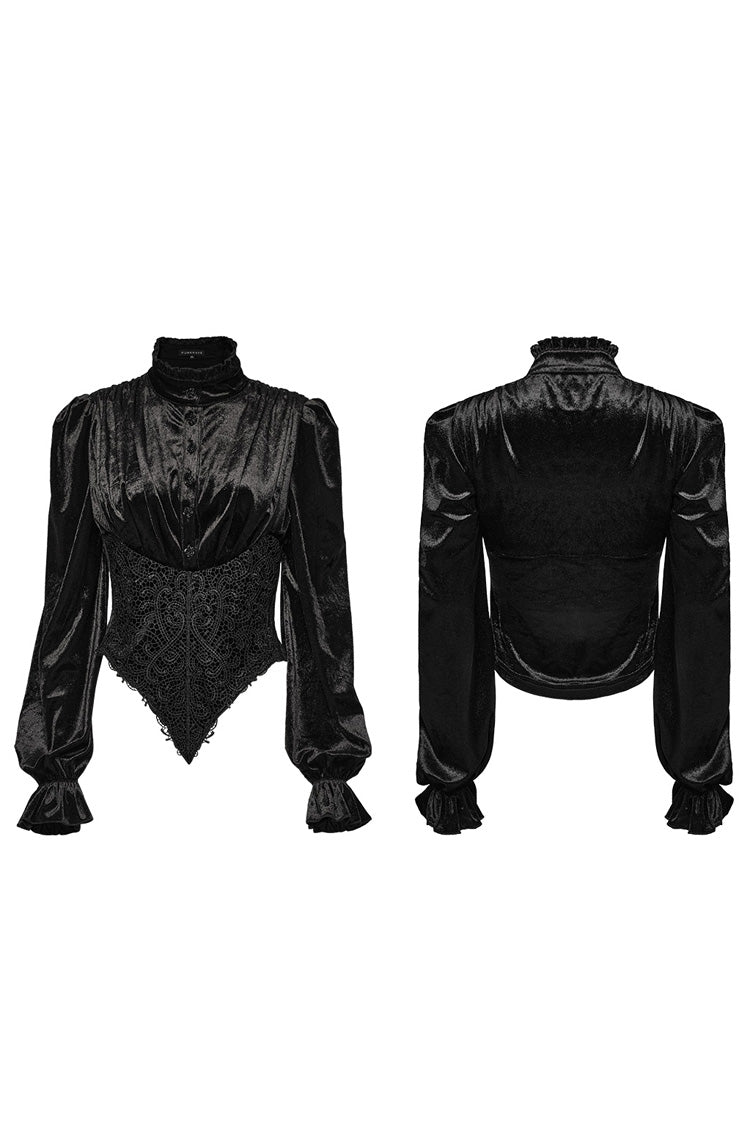 Black Stand Collar Irregular Pleated Velvet Women's Gothic Blouse