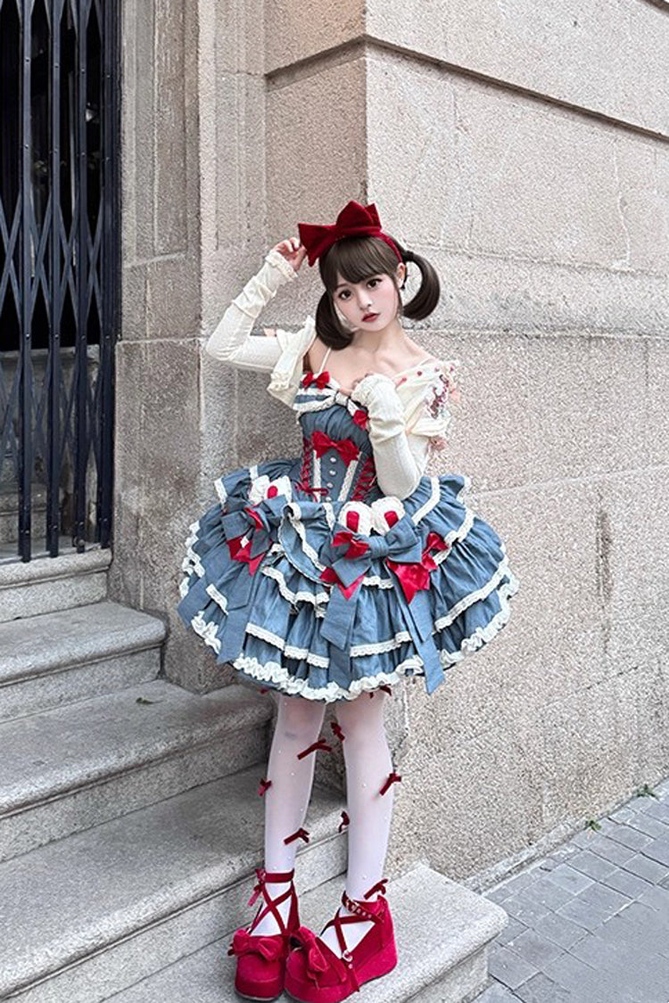 Blue [Milk Rabbit Theater] Halterneck Sleeveless Triple-Layered Ruffle Bowknot Lace-Up Sweet Lolita Jsk Dress