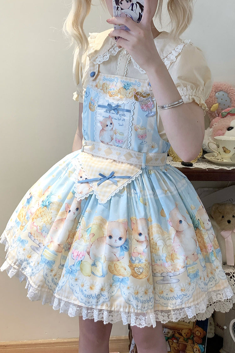 Blue [Pineapple Cat] Print Sleeveless Bowknot Lace Sweet Lolita Strap Dress