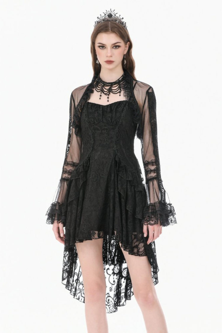 Black Lace Ruffled High Collar Long Flare Sleeves Sheer Mesh Women's Gothic Cape