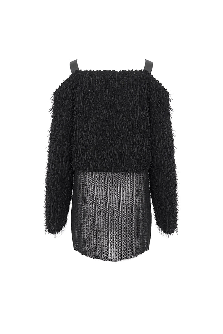 Black Irregular Off Shoulder Fluffy Women's Punk Sweater