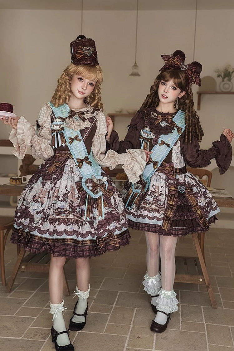 Brown [Teddy Bear Chocolate] Sleeveless Print Ruffle Side Cardigan Bowknot Asymmetric Sweet Lolita Strap Dress