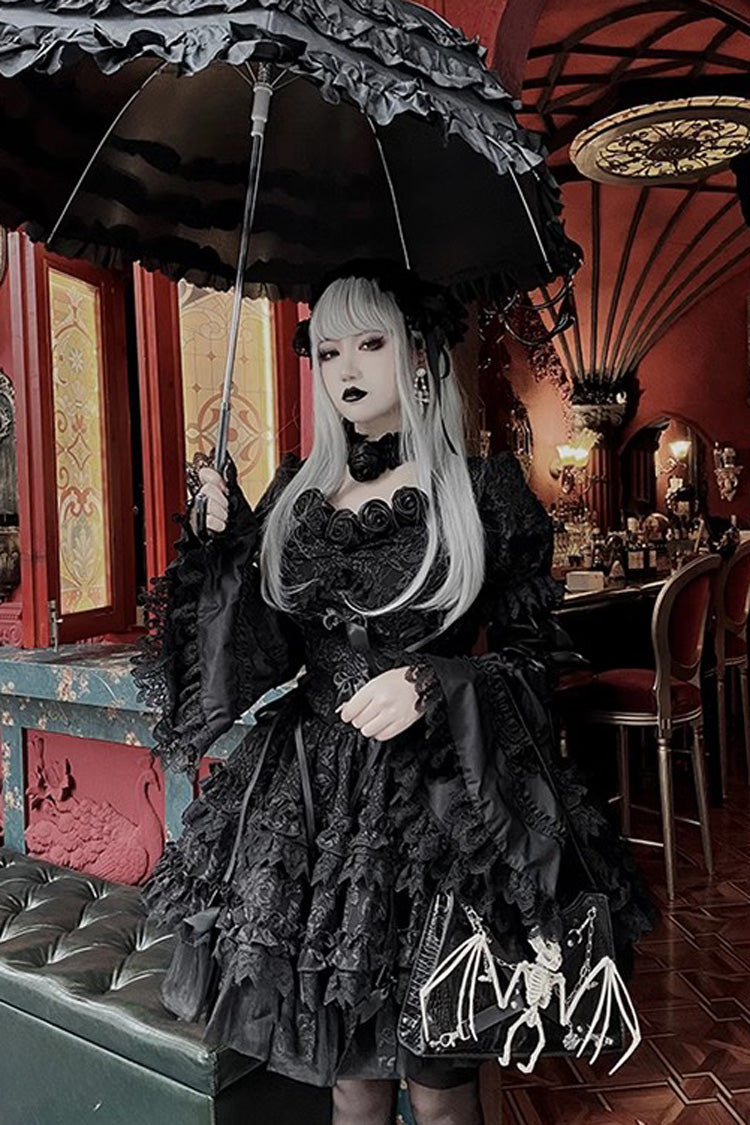 Pure Black Puff Short Sleeves Princess Gothic Lolita Tiered Dress
