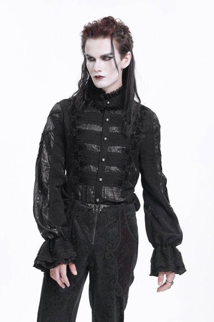 Black Stand Collar Long Sleeves Pleated Lace Crochet Men's Gothic Blouse