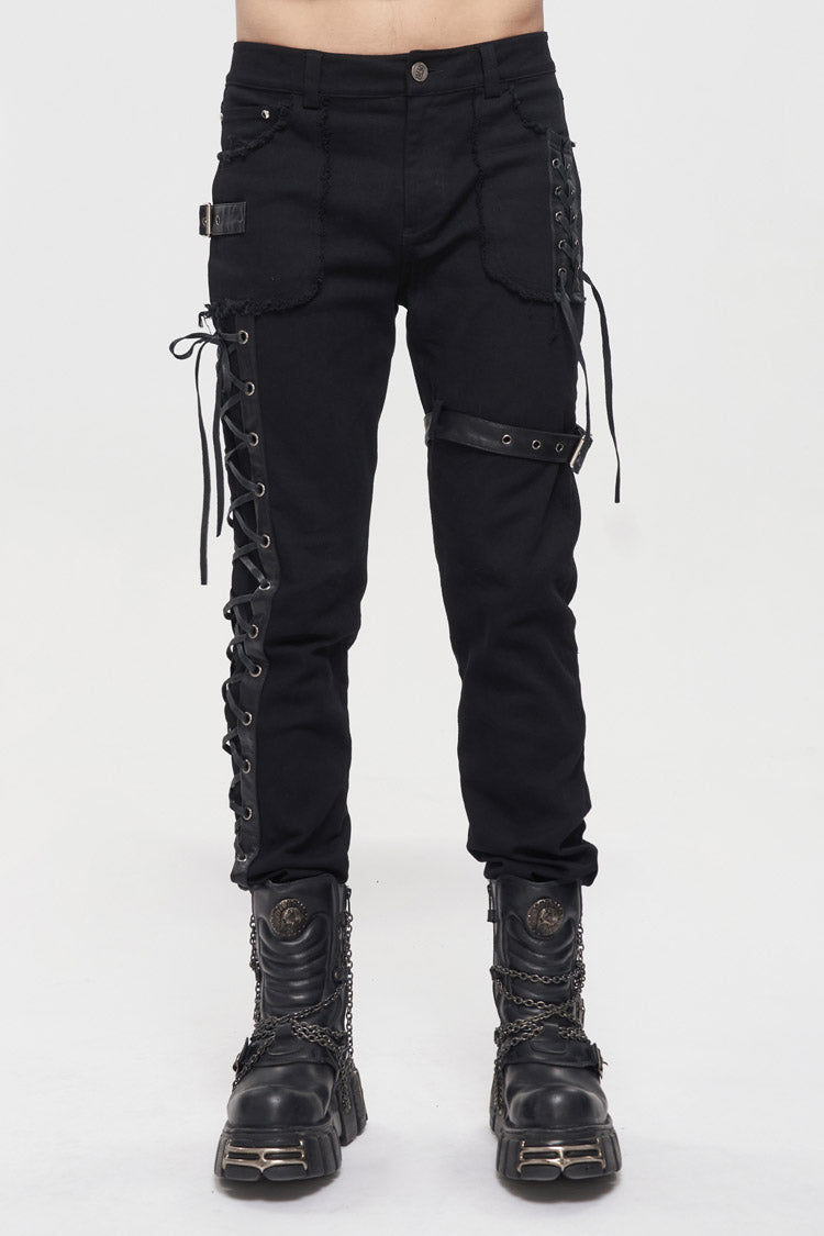 Black Metal Decorative Lace Up Leg Loops Long Men's Punk Pants