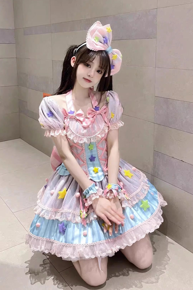 Blue/Pink Magical Girl Short Sleeves Ruffle Bowknot Stars Sweet Princess Lolita Dress