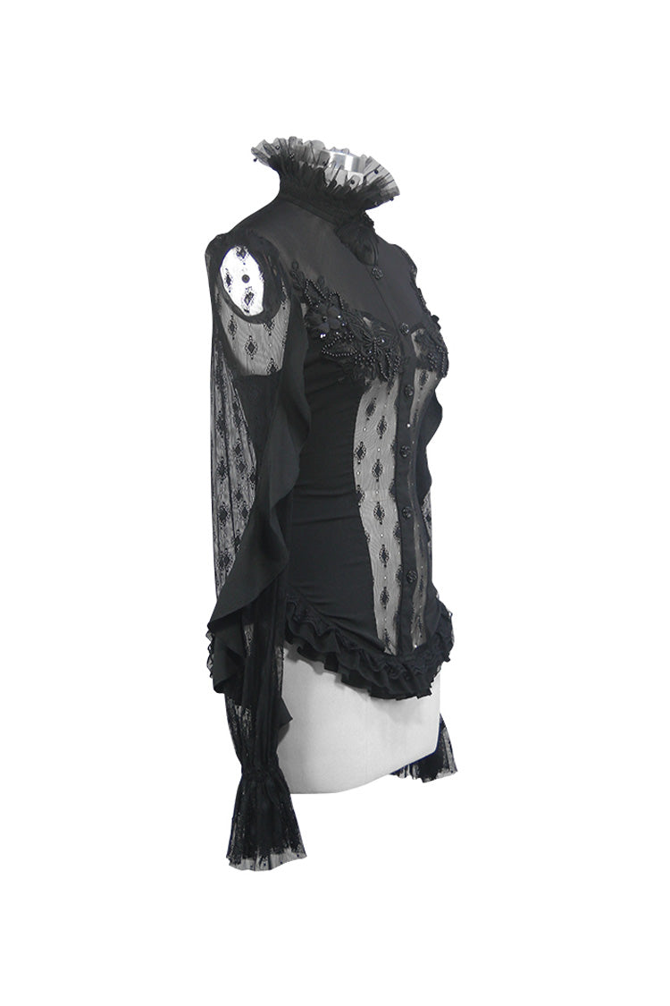 Black Chiffon High Collar Front Chest Beaded Flowers Lace Cuff Back Waist Lace Up Women's Gothic Blouse