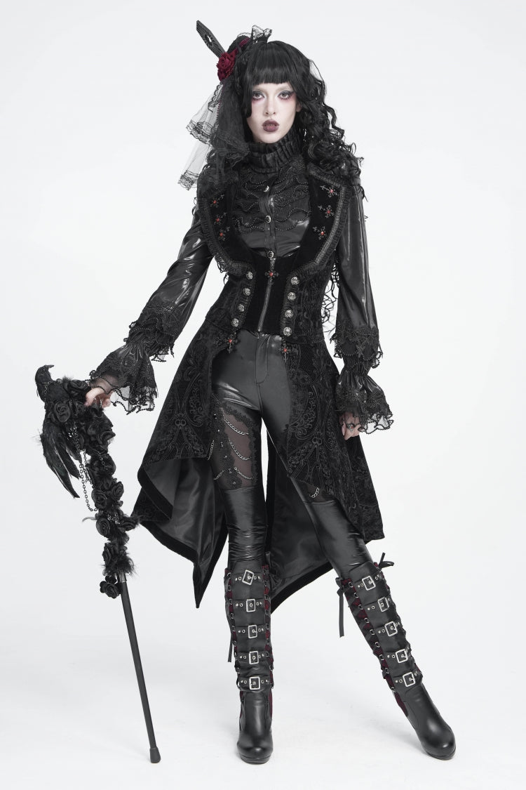 Schwarzer Reverskragen, ärmellos, Jacquard-Spitze, schmal geschnitten, luxuriöser Damen-Frack im Gothic-Stil
