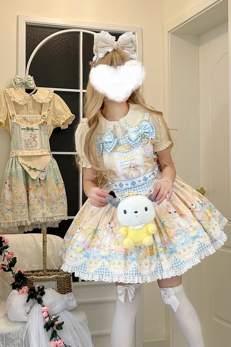 Yellow [Pineapple Cat] Print Sleeveless Bowknot Lace Sweet Lolita Strap Dress