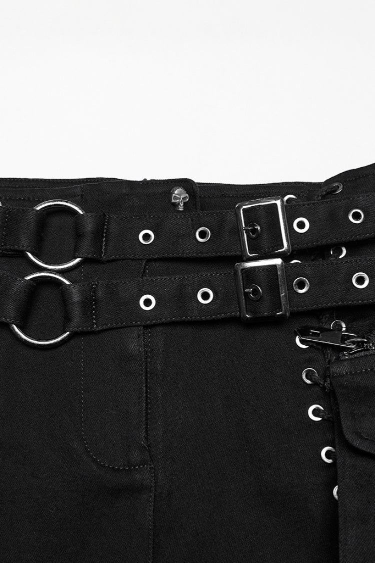 Black Lace-Up Women's Punk Denim Shorts with Detachable Pocket