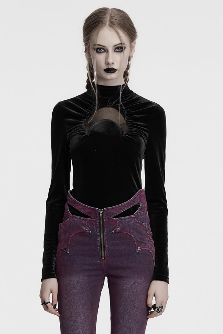 Black Moon Print Mesh Ruched Women's Gothic Blouse