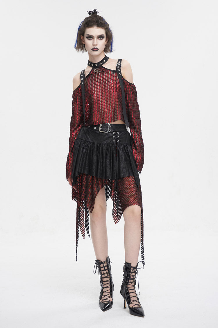 Red/Black Lrregular Mesh Splice Buckle Women's Gothic Skirt