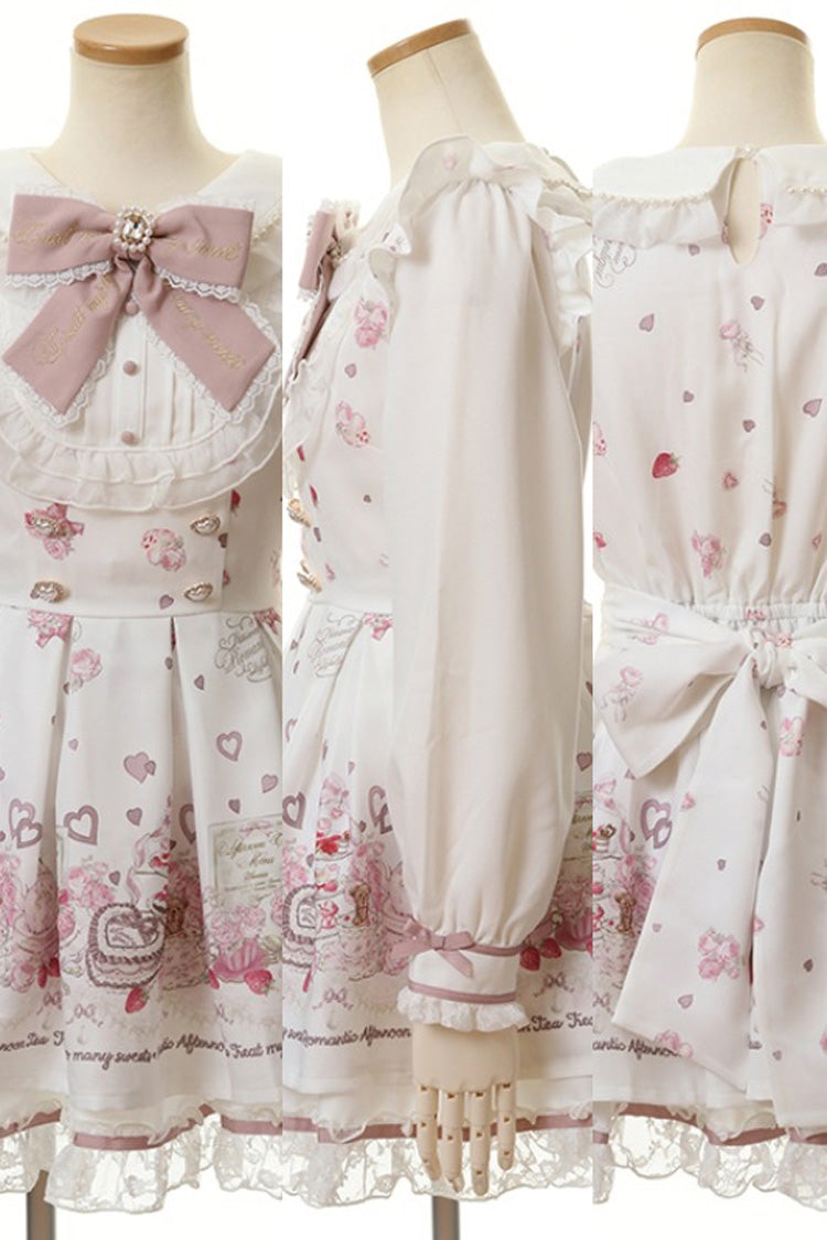 [Afternoon Tea] Long Sleeves Print Ruffle Bowknot Lace Sweet Jirai Kei Plus Size Dress 3 Colors
