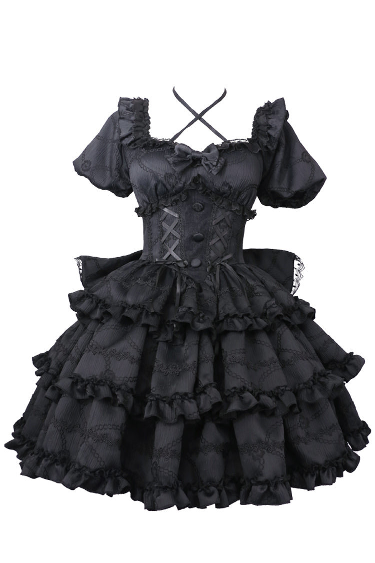 Pink Square Collar Short Sleeves Triple-Layered Ruffle Bowknot Sweet Lolita Dress