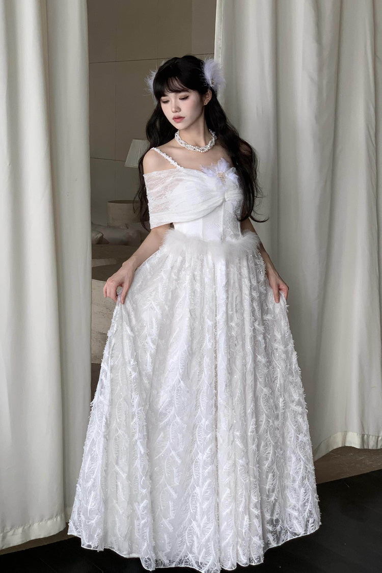 White [Moonlight] Off Shoulder Jacquard Embroidered Bow Gothic Lolita Jsk Dress