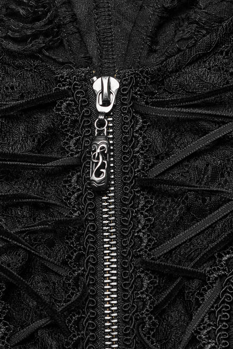 ブラックロングトランペットスリーブメタルジッパーレースフード付きレディースゴシックドレス