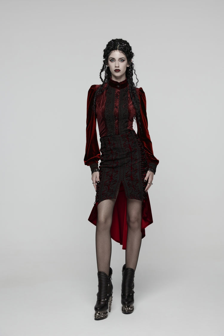 Red Embroidered Floral Embroidered Irregular Women's Gothic Fishtail  Skirt