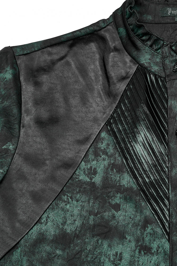 Schwarz/Grün Stehkragen Langarm Rüschen Plissierte Herren Gothic Bluse 