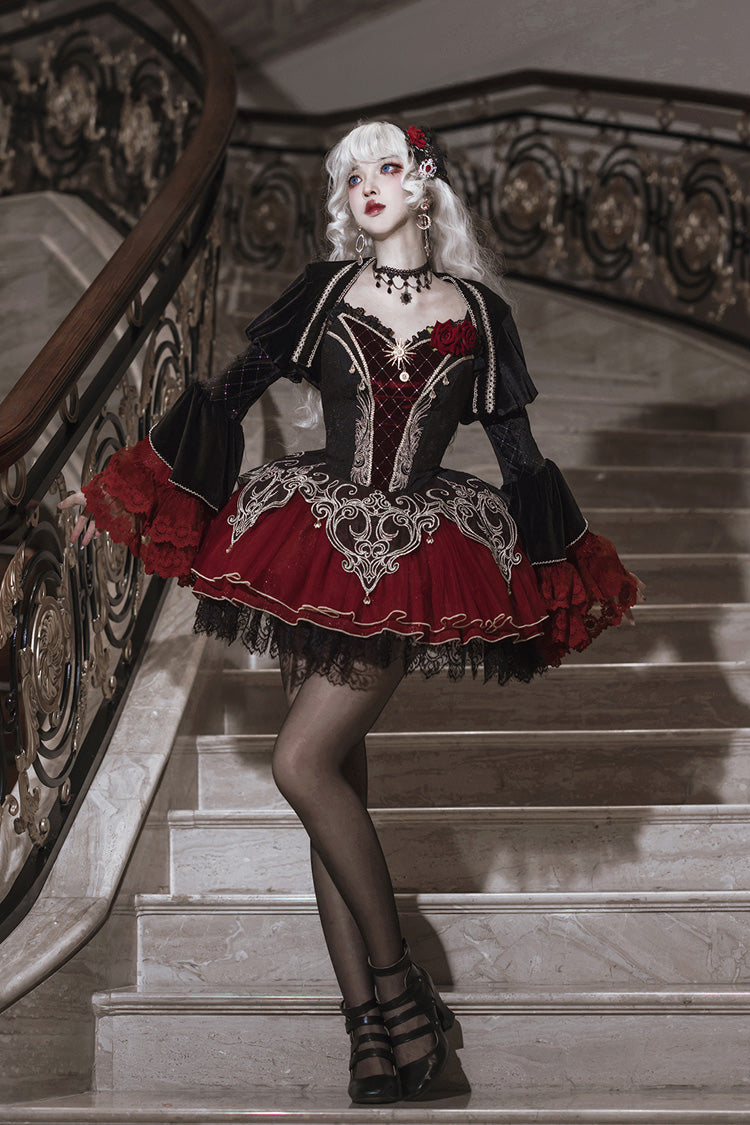 Schwarz/Rot [Blutclan-Fest] Rüschenstickerei Spitze Gothic Lolita Jsk Kleid Set 