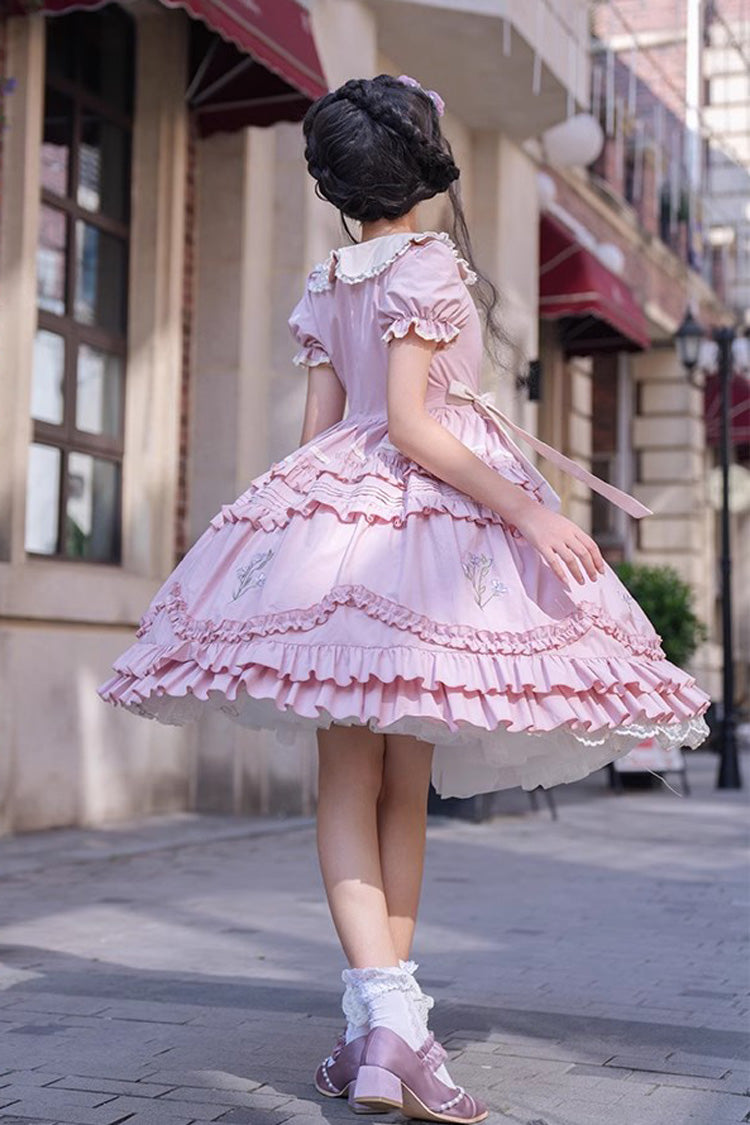 ピンクドールカラー半袖アイリス詩プリントフリル刺繍甘いロリータドレス