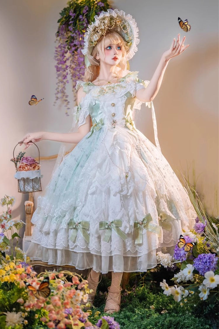 Green [Glazed Phantom] Off Shoulder Ruffle Hanayome Bowknot Lace Sweet Elegant Lolita Dress