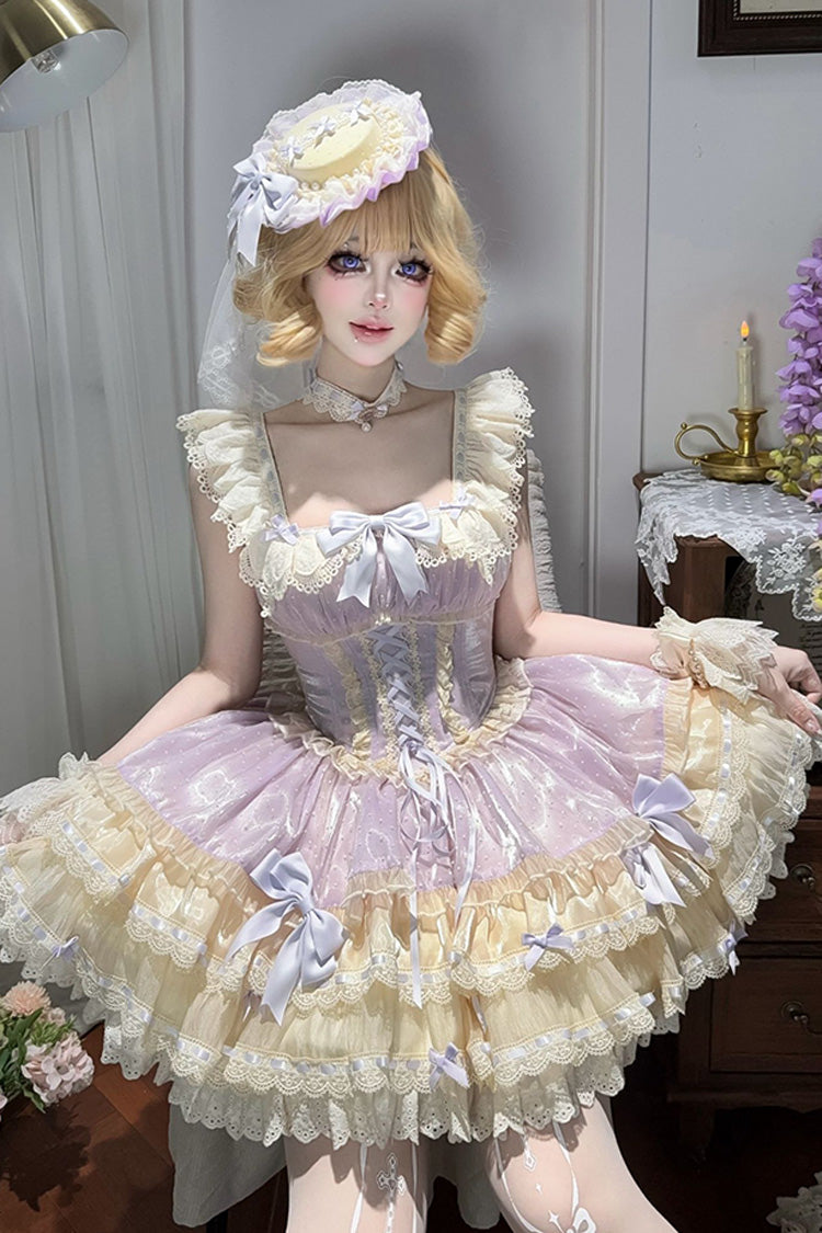 パープル [Flory Butterfly] ダブルレイヤード ラッフル ボウノット レース レースアップ スイート バレエ ロリータ Jsk ドレス 