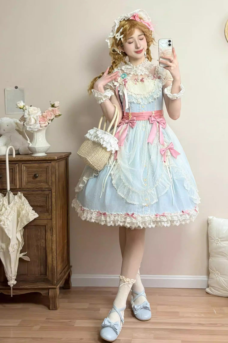 Blue [Sakura’s Spring Resonance] Sleeveless Ruffled Bow Sweet Lolita Jsk Dress (Short Version)