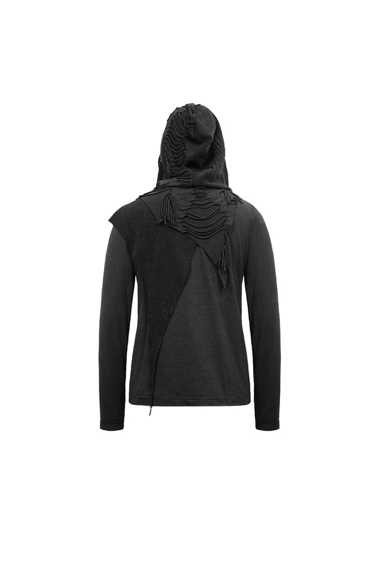 Black Long Sleeves Asymmetric Tatters Strip Leather Metal Loop Hooded Men's Punk T-Shirt