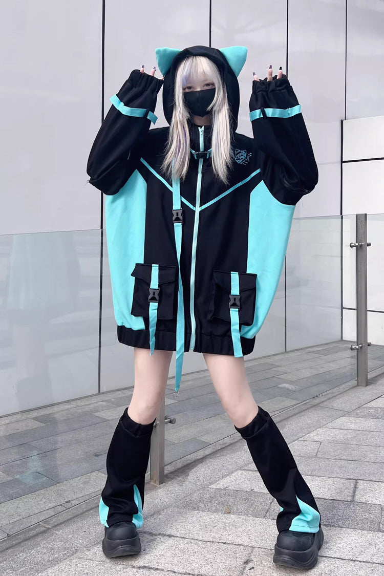 Black/Blue Chip Hacker Cyberpunk Functional Print Hooded Jirai Kei Japanese Sports Coat