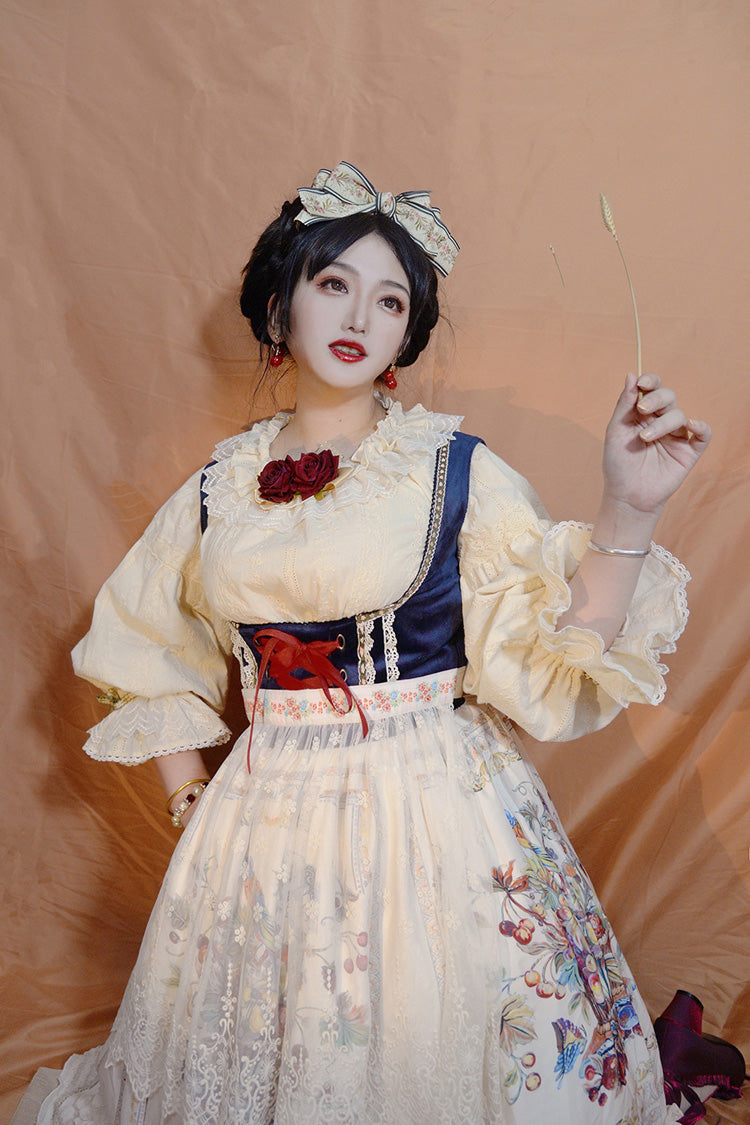 Ivory [Ode to Plenty] Berries and Birds Print Ruffle Bowknot Velvet Classic Lolita Breast Support Jsk Dress