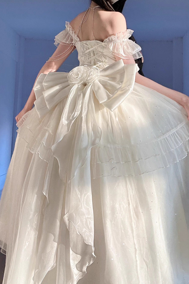 Aprikose [Helle Sterne] Schulterfreies Rüschen-Bowknot-Asymmetrisches Süßes Elegantes Prinzessin-Lolita-Kleid 