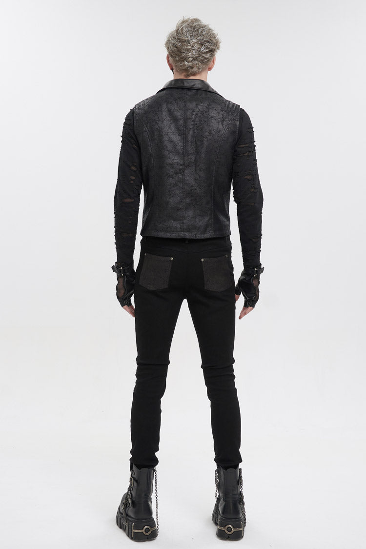 Black Lapel Fitted Atomized Crack Front Chest Crossover Rope Men's Punk Vest