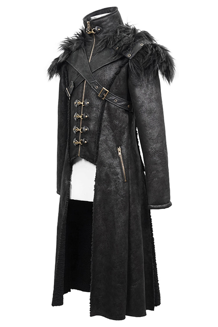Black Stand Up Collar Shoulder Fur Cape Front Metal Hasp Chest Loops Long Fur Men's Punk Coat
