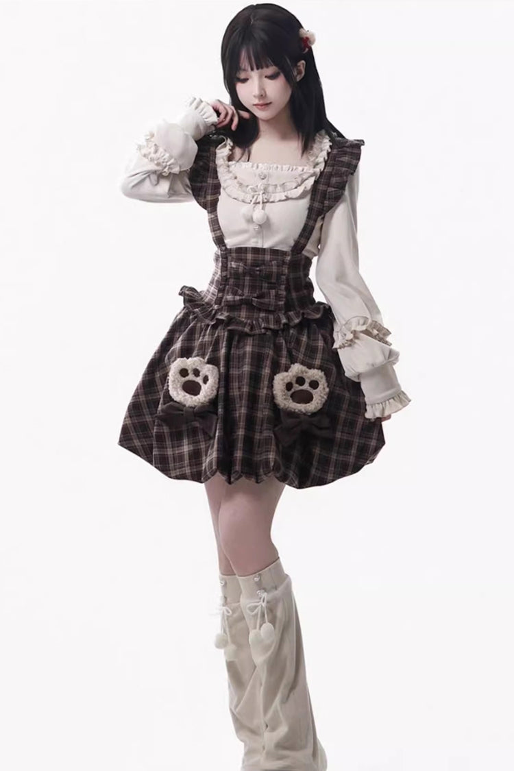 Brown [Fluffy Little Bear] Sleeveless Printed Ruffled Bow Sweet Lolita Strap Dress