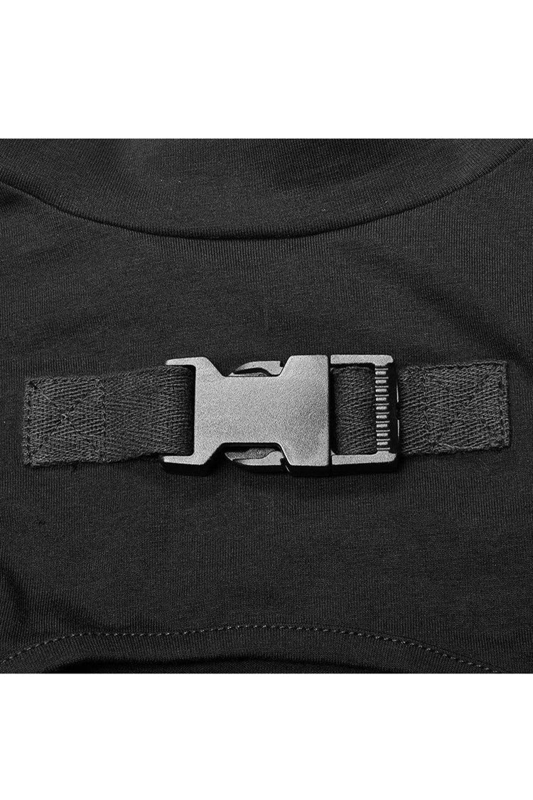 Schwarzes, gestricktes, hohes Halsband, vorne ausgehöhlte Brust, langärmliges Punk-T-Shirt für Damen