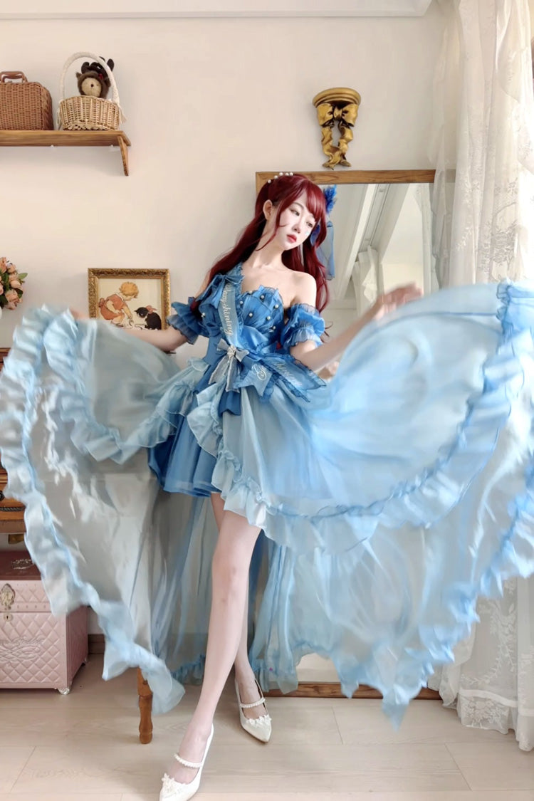 Bleu [Princesse Sirène] Volant Hanayome Nœud Papillon Doux Élégant Lolita Jsk Ensemble de Robe 