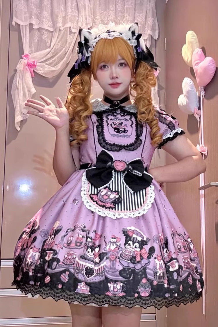 Purple [Devil Cat] Print Short Sleeves Ruffle Bowknot Lace Gothic Lolita OP Dress (Plus Size Support)