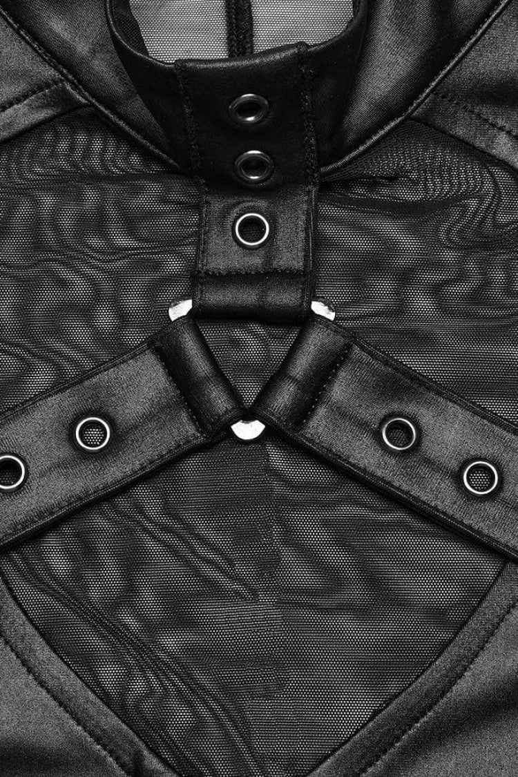 Black Leather Stitching Mesh Sheer Womens Steampunk Vest