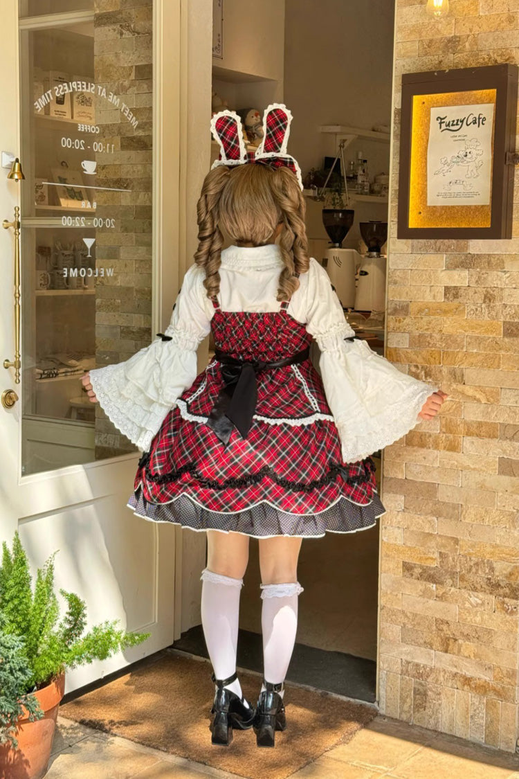 Red [Shibuya Sweetheart] Sleeveless Plaid Print Ruffle Bowknot Sweet Lolita Jsk Dress (Plus Size Support)