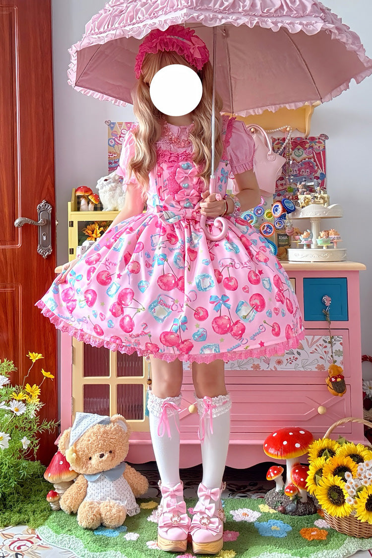 Pink [Cherry Sweet Ice] Print Ruffle Bowknot Lace Sweet Lolita Jsk Dress