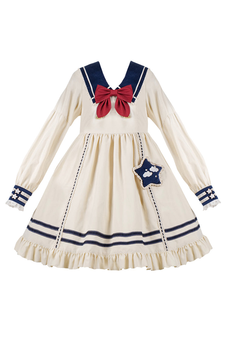 College Navy Style Bowknot Ruffle Long Sleeves Sweet Lolita Dress