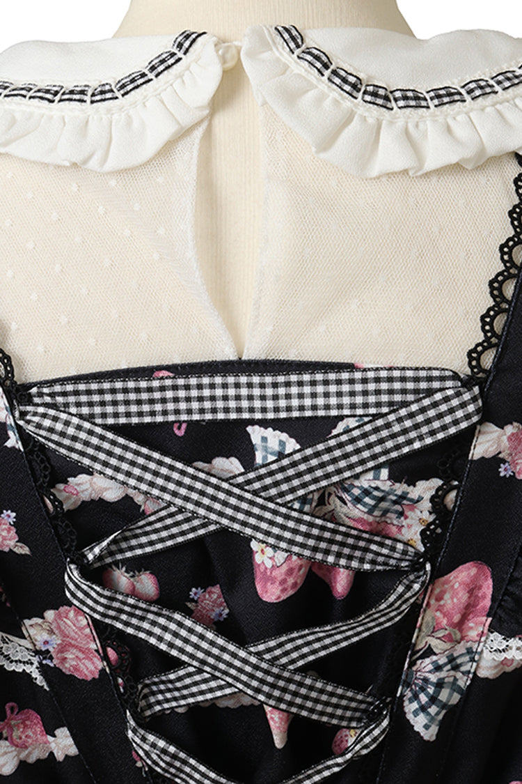 Black [Creamy Berry] Print Short Puff Sleeves Ruffle Bowknot Lace-Up Sweet Jirai Kei Japanese Dress