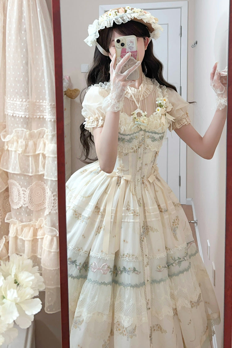 Multi-Color [Daisy Poetry] Print Ruffle Hollow Embroidery Lace Sweet Elegant Princess Lolita Jsk Dress
