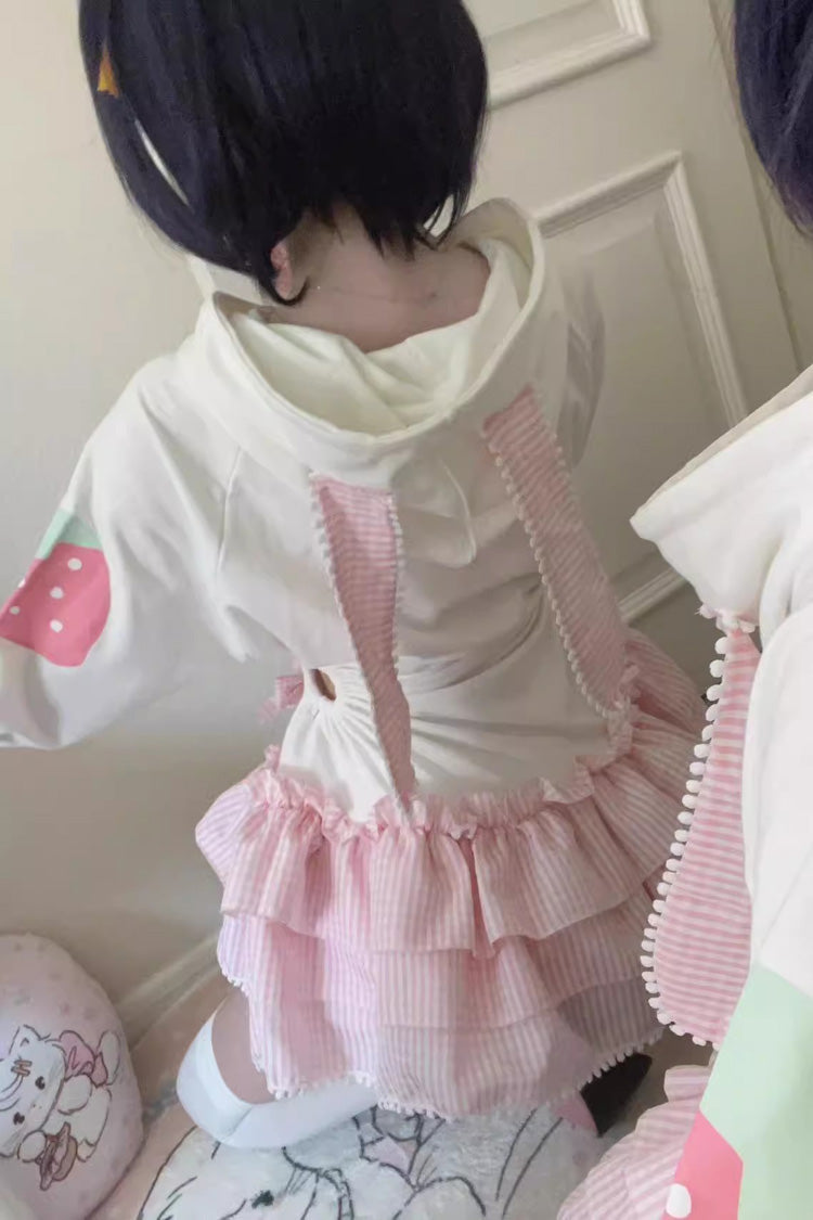 White/Pink Long Sleeves Triple-Layered Strawberry Print Hooded Sweet Lolita Dress