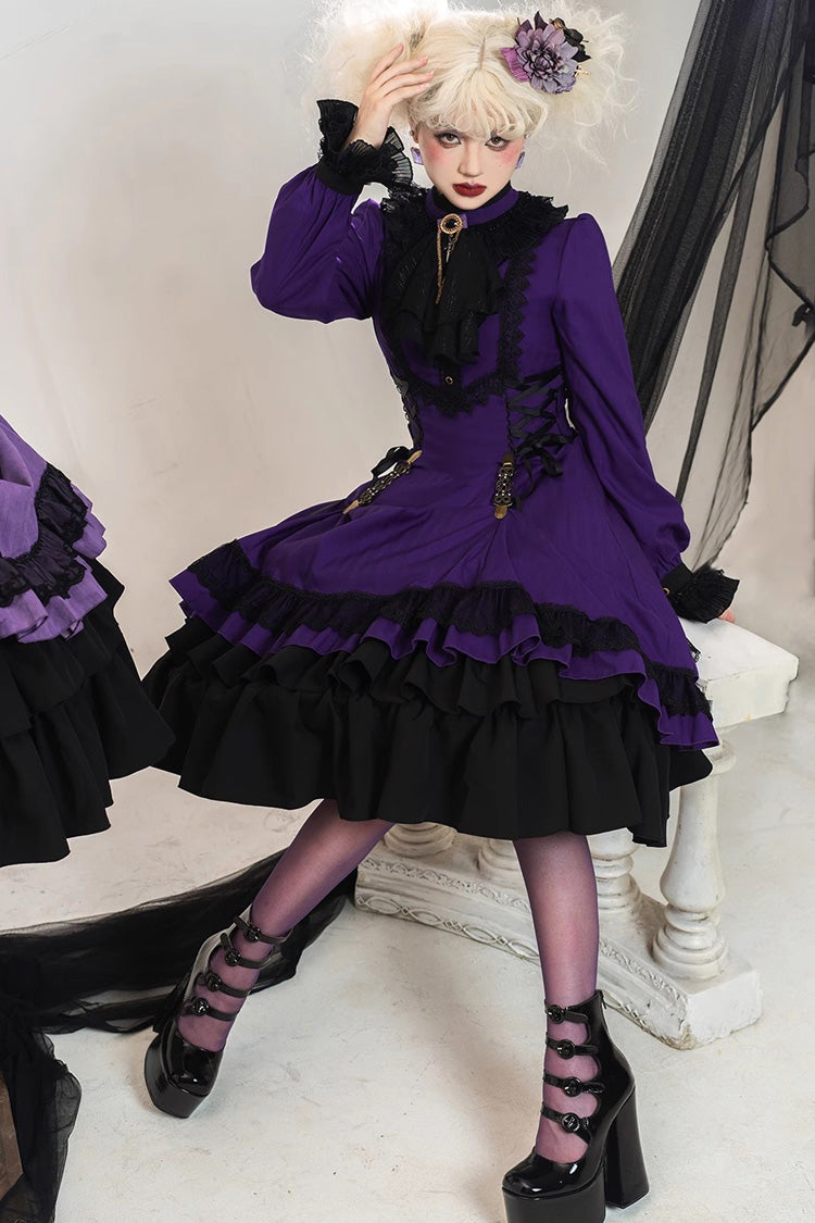 Point Manor Solid Color Stand Collar Long Sleeves Multi-layer Ruffle Gothic Lolita Dress 5 Colors