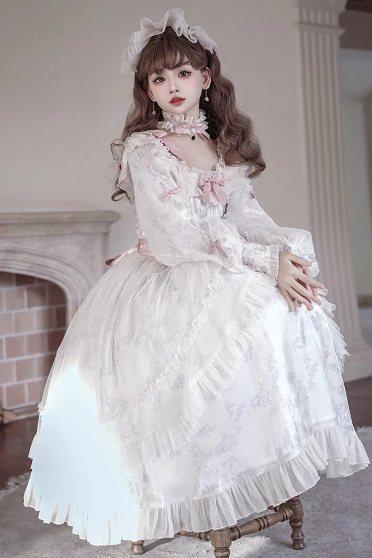 Ivory Long Sleeves Rose Print Bowknot Sweet Princess Lolita Dress