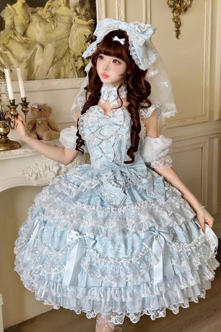 Blue [Dream of the Misty Moon] Sleeveless Multi-Layered Ruffled Bow Lace Pearl-Decorated Sweet Princess Lolita Jsk Dress
