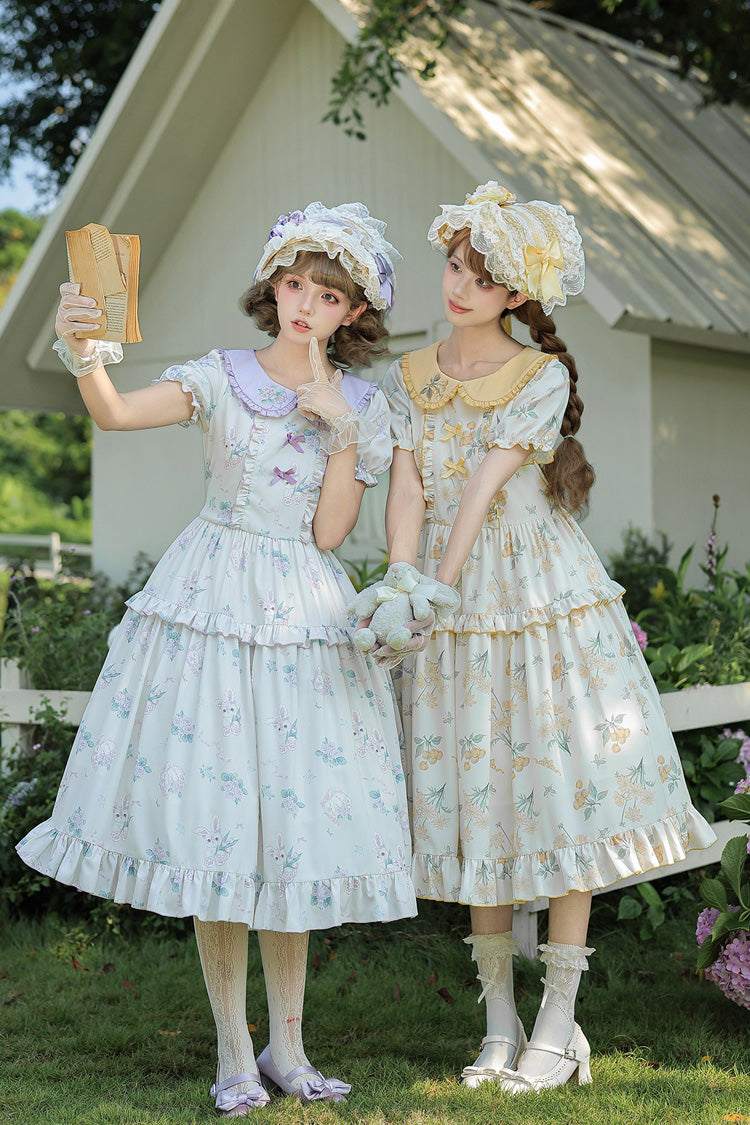 [Luftige Sommerblüten] Peter-Pan-Kragen, kurze Ärmel, Jacquard, bedruckt, gerüscht, bestickte Schleife, süßes Lolita-Kleid, 2 Farben (Gelb, Lila)