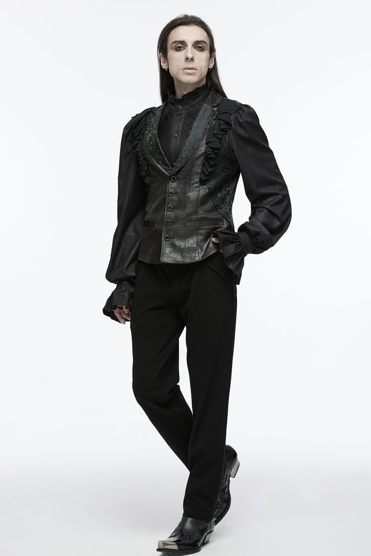 Black Sleeveless Buckle-up Ruffle Men's Gothic Vest